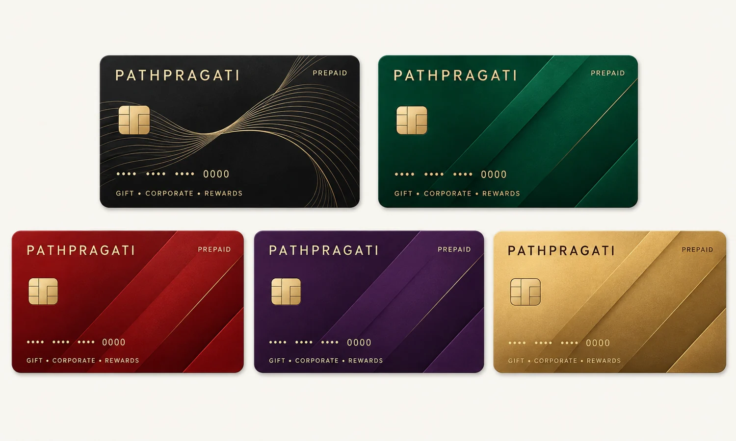 Five illustrative Pathpragati prepaid card designs in black, green, red, purple and gold